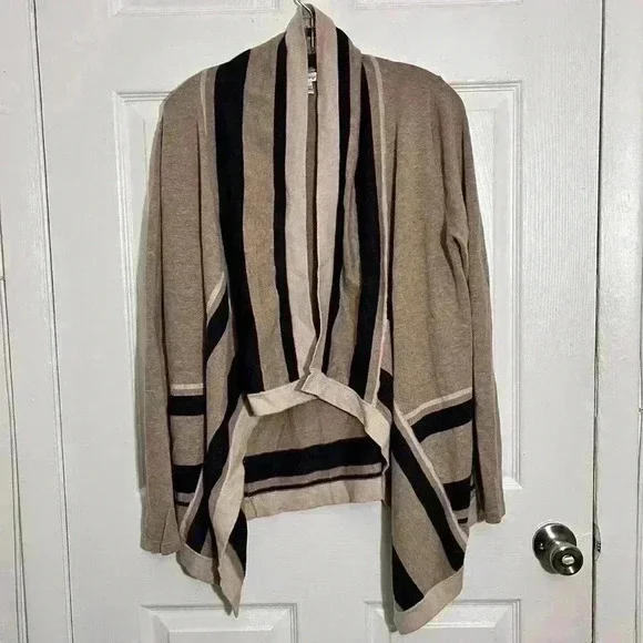 AUGUST SILK Open Front Striped Tan Cardigan | size Large - Picture 3 of 8